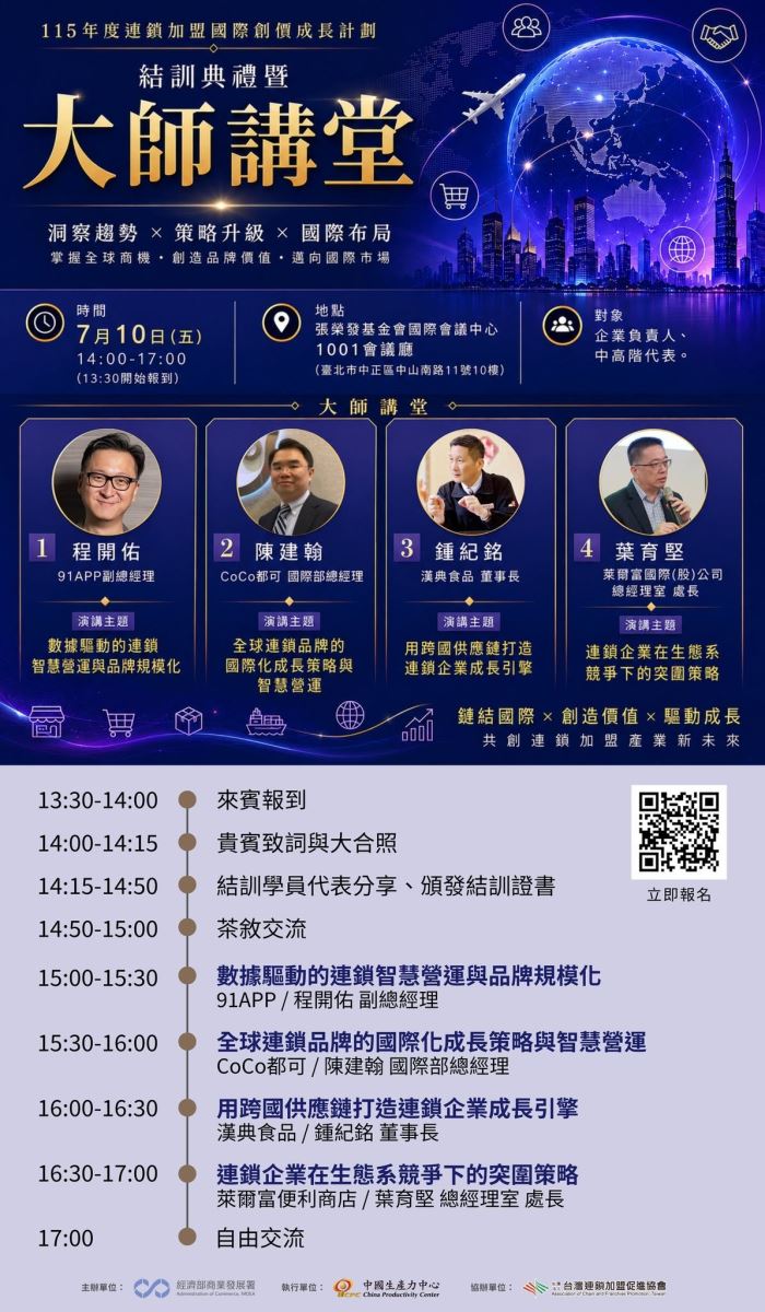 【學習資源】115年度連鎖加盟國際創價成長計畫【國際拓展課程結訓典禮暨大師講堂】 開放報名-1