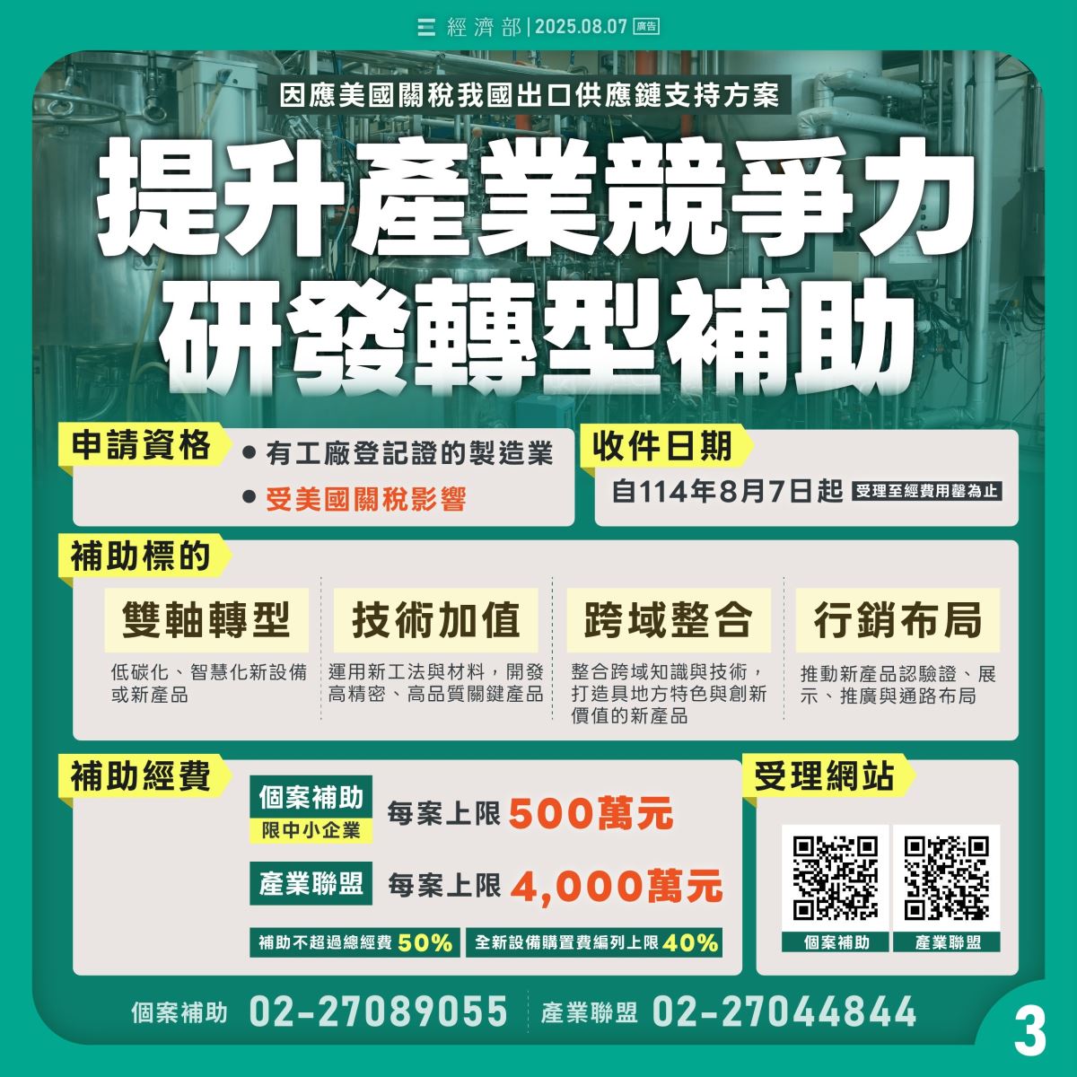 🔥🔥🔥「提升產業競爭力-研發轉型補助【個案補助】」114/8/7起受理至經費用罄為止-1